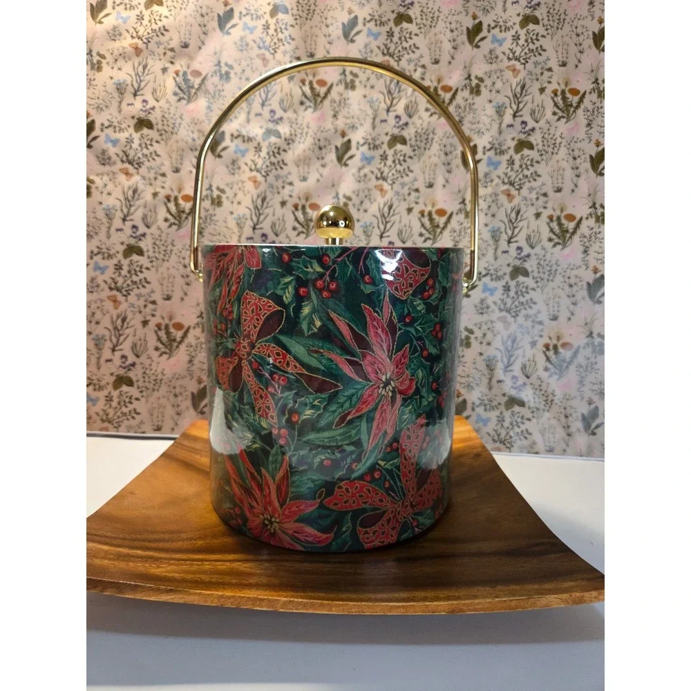 Vintage Kraftware Christmas Poinsettia Ice Bucket with Brass Lid knob and Handle